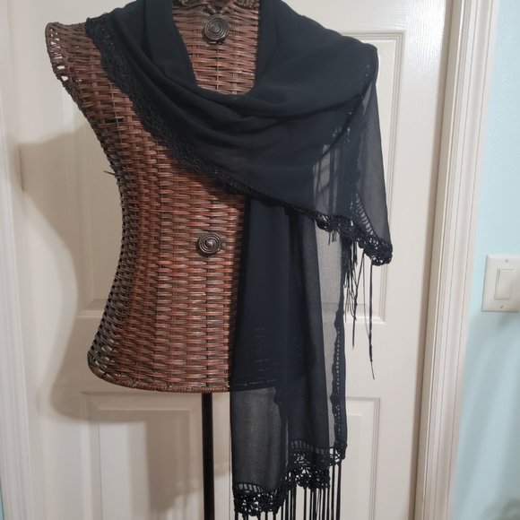 Large Black Shear Dress Scarf with Crotched Edges and Fringe - Picture 2 of 13